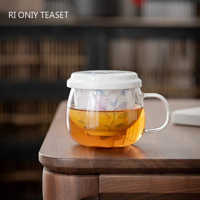 

260ml Chinese Glass Tea Cup Ceramic Strainer Mug Handmade Flowers Teacup Household Tea Water Separation Cup Portable Teaware