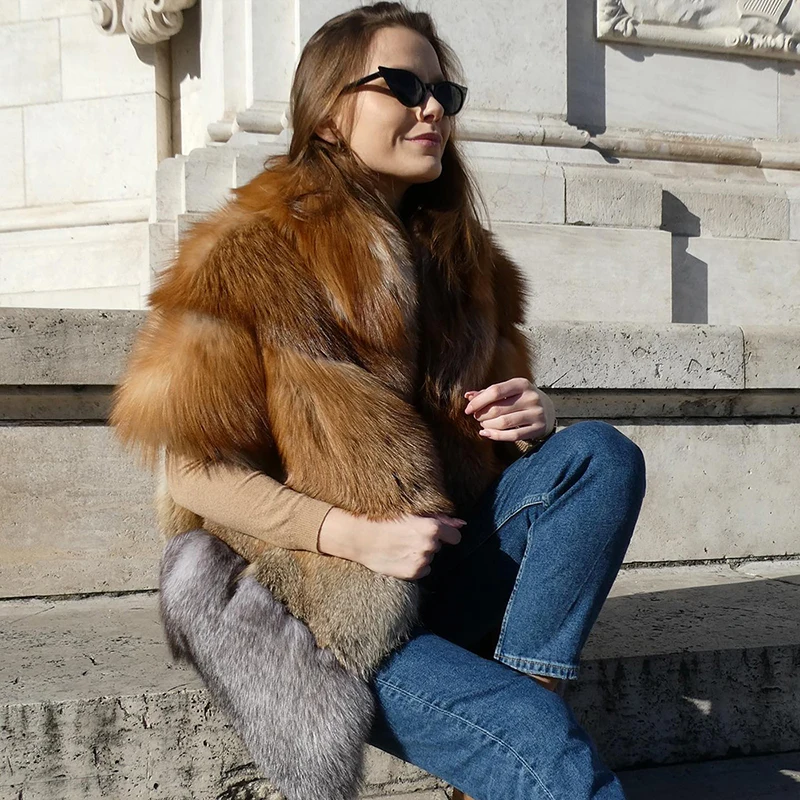 Bat Half Sleeve Lapel Contrast Color Real Fox Fur Coat Women Luxury Streetwear 2022 Winter New Genuine Fox Fur Jacket Female