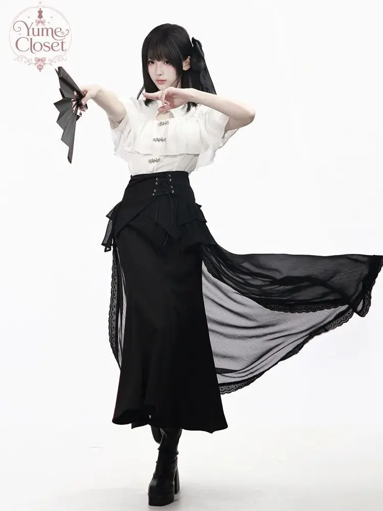 Japanese Vintage Gothic Lolita 3 Piece Set Women Ruffle Lace Trim Lace Up High Waist Maxi Skirt Crop Top Belt Streetwear Outfit