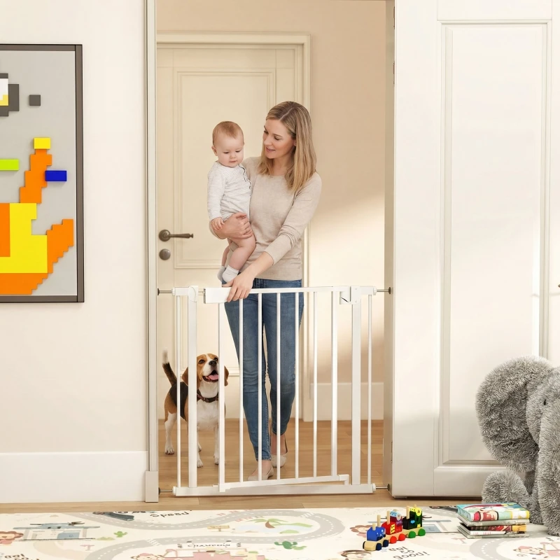 Barrière d'escalier blanche 76-82x76 cm sans perçage avec fermeture automatique – Barrière de sécurité à fixation par pression pour enfants, cuisine ou escalier – Sûre, peu encombrante – Installation facile, aucun outil requis – Parfaite pour les tout-petits et les animaux domestiques