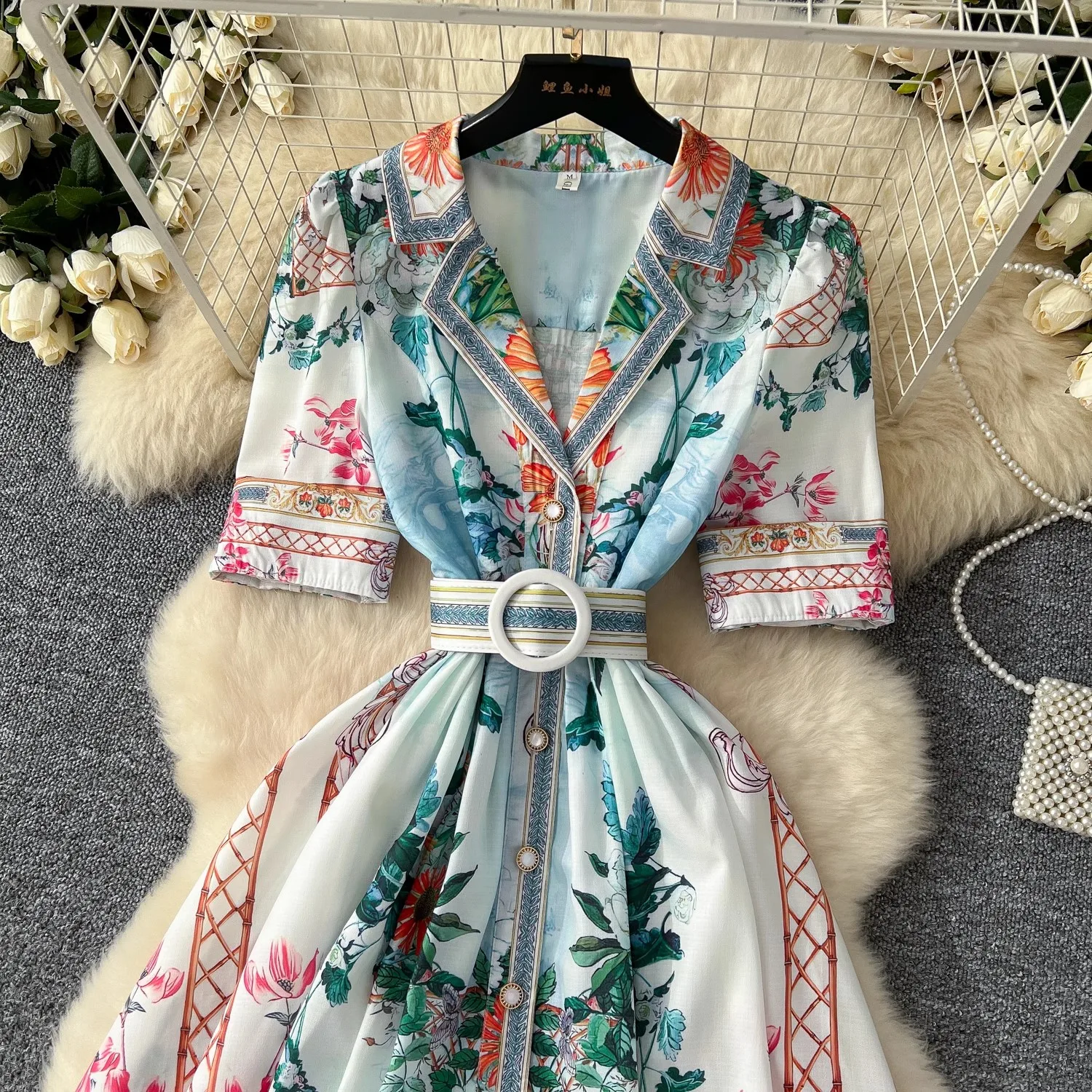 Summer Holiday Flower Linen Robe Dress Women Short Sleeve Notched Belt A-Line Beach Party Vestido Pearls Buttons Up Maxi Clothes