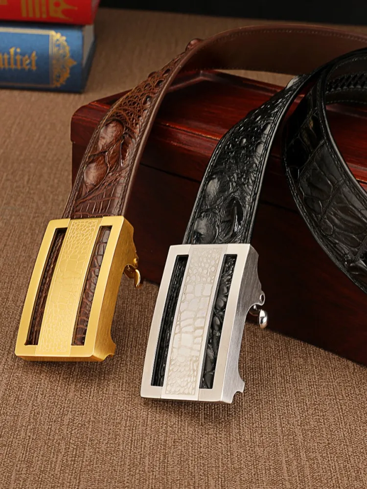 New Casual Men Solid Color Crocodile Skin Genuine Leather Belt Smooth Buckle Business Office Male Fashion Waistband For Pants