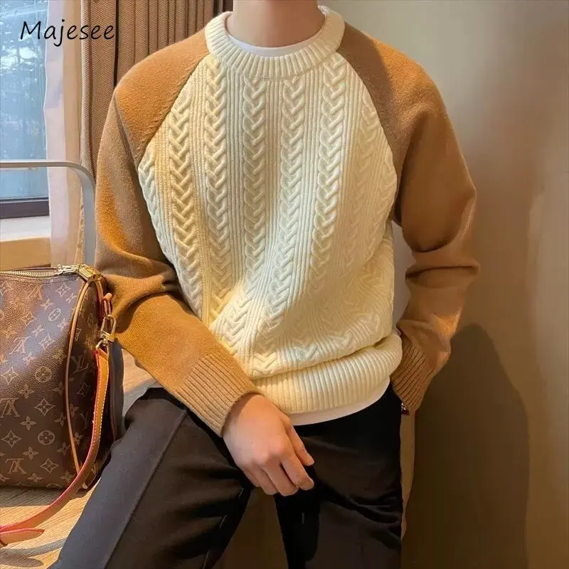 Panelled Pullovers Men Casual All-match Cozy O-neck Knitted Sweaters Ulzzang Soft Fashion Handsome Autumn Winter Sueter Hombre