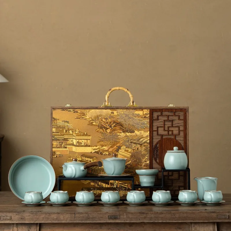 Ru kiln tea set housewarming gifts, send elders Ru kiln tea set Spring Festival birthday high-end gift box