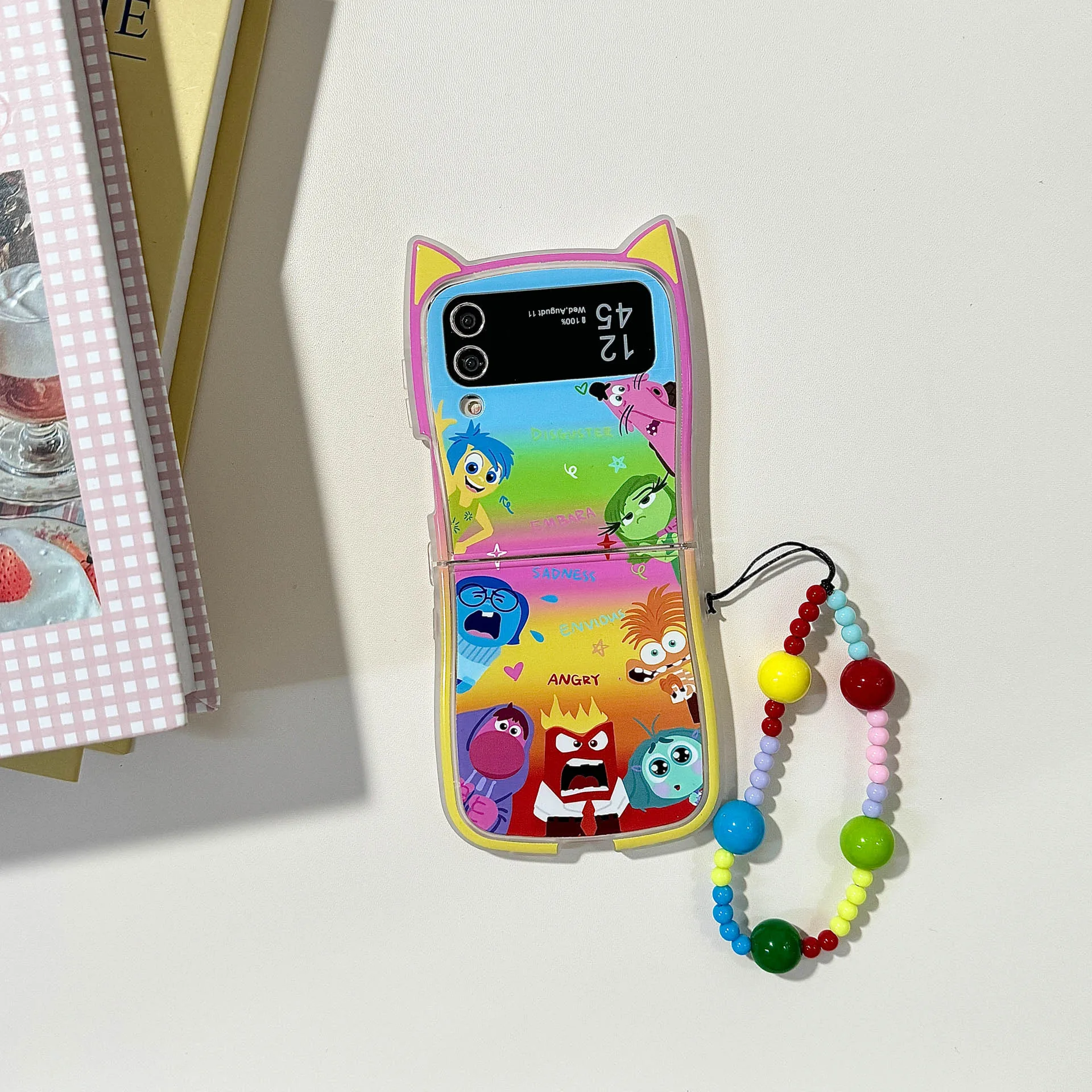 3D Cartoon Inside Out 2 Ear Cat with Lanyard Phone Case for Samsung Galaxy Z Flip 3 4 5 6 5G PC Hard Anti-drop Back Cover Funda