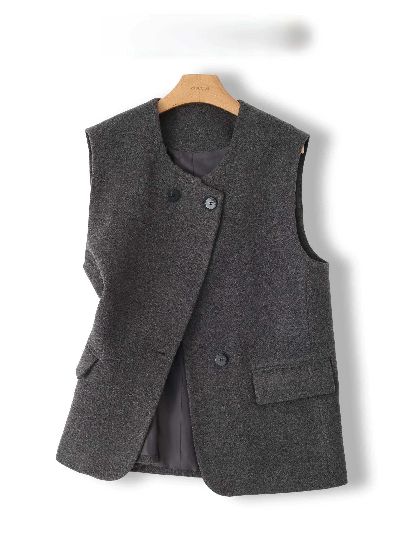 

Gray Woolen Vest for Women Fashionable Large Size European Style Casual Backless Tank Top round Neck Single Button Closure
