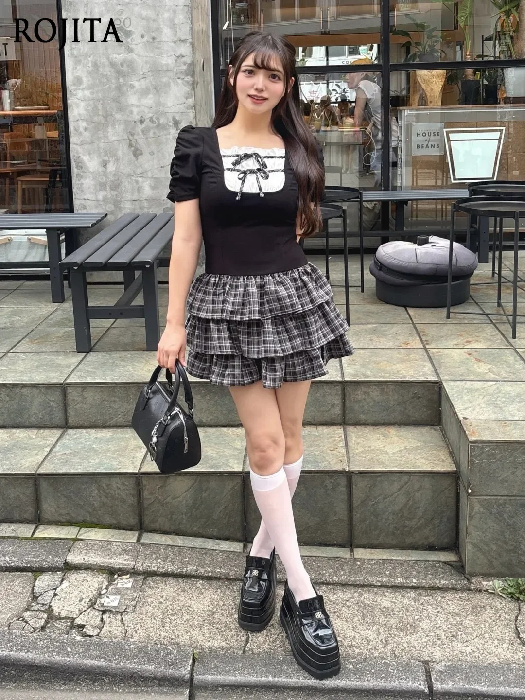 Women Sweet Kawaii Plaid One Piece Dress Square Neck Short Puff Sleeve Bow Lace‑Up Tiered Ruffle Mini Dress