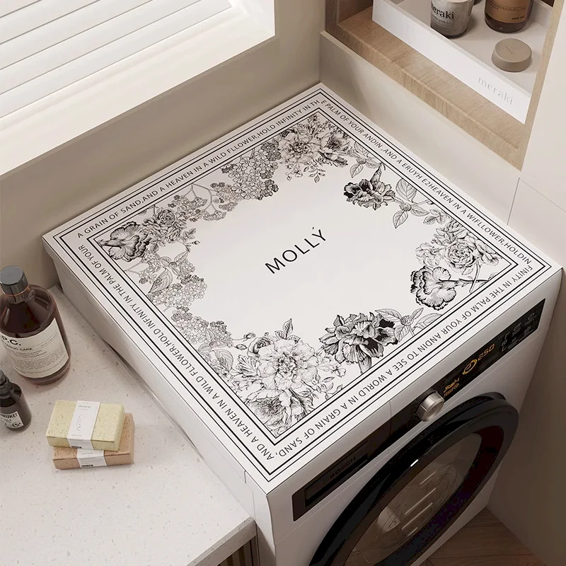 VIKAMA Molly Floral Border Mat, Black White Line Art Washing Machine Laundry Room Cover,Bohemian Home Decoration