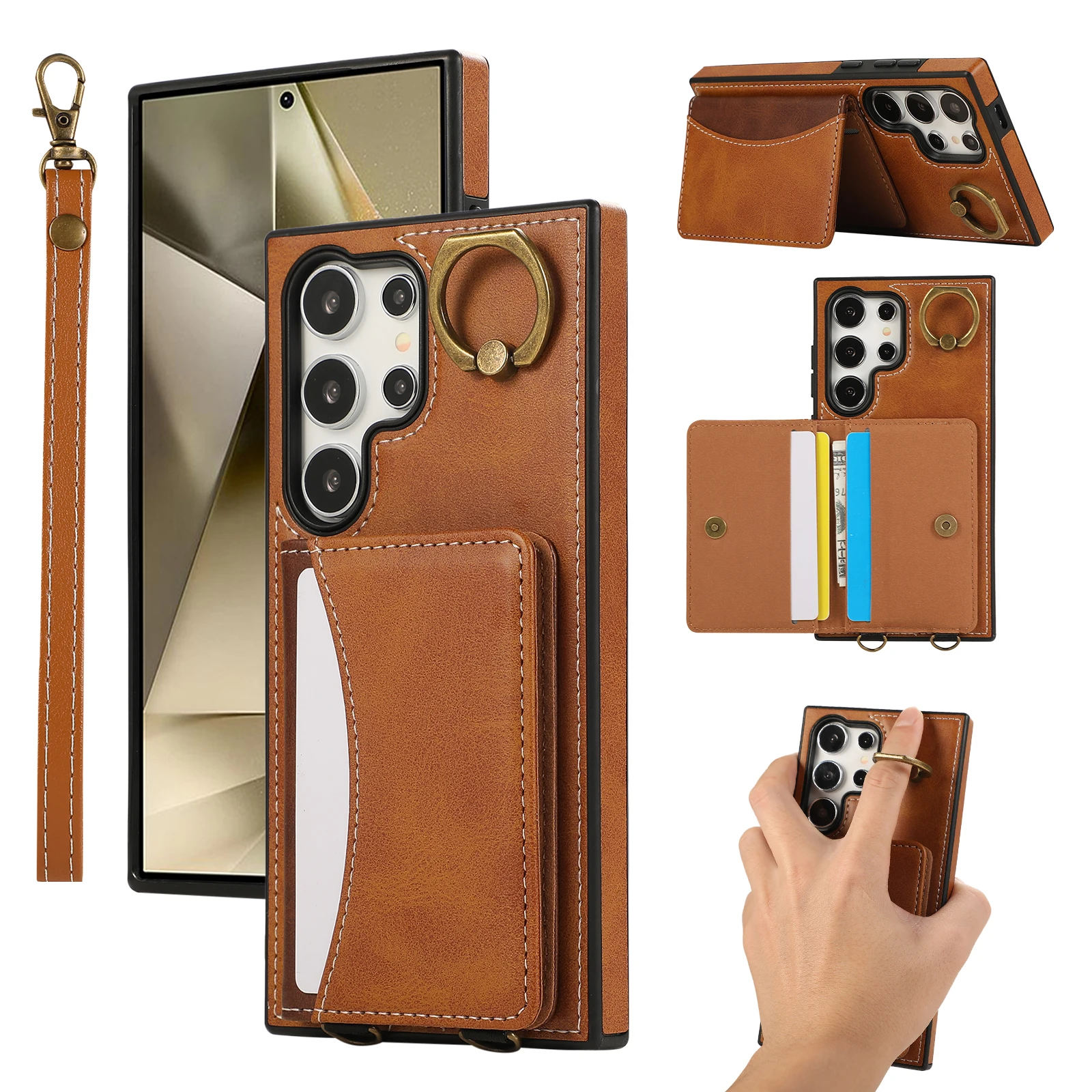 

Shockproof Leather Card Holder Wallet Case for Samsung Galaxy S24 Ultra S23 S22 S21 FE, Finger Ring Kickstand Cover with Lanyard