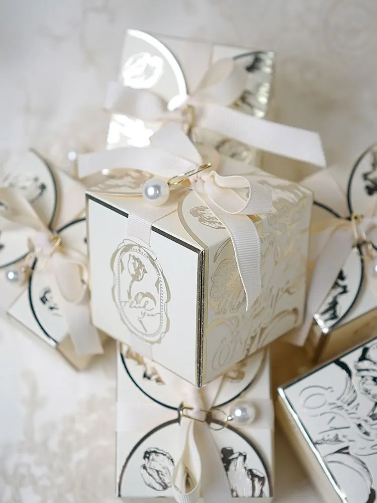 Square Paper Gift Boxes with Ribbons, Wedding Favors Box, Bridal, Baby Shower, Birthday Party, Premium Silver Champagne - view 4