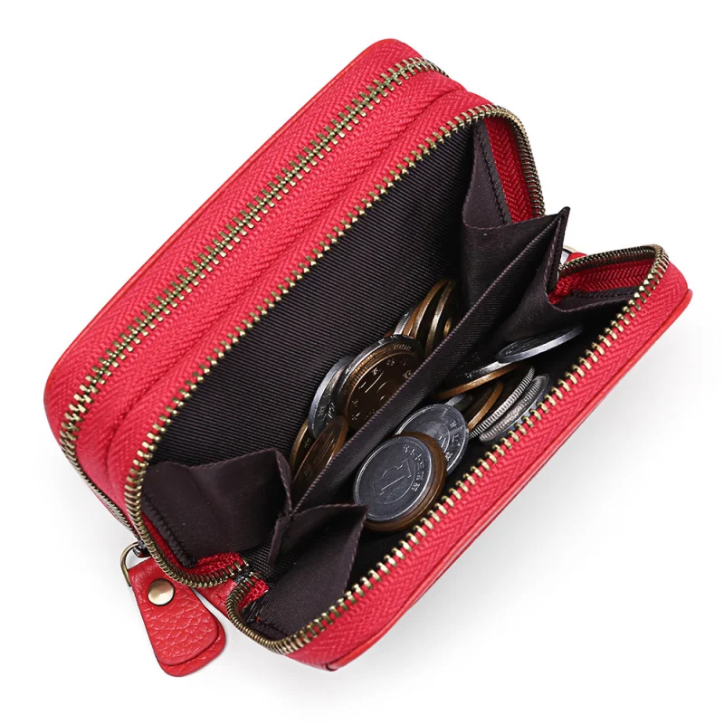 Western Cowhide Leather Double Zipper Organ Card Bag RFID Blocking Large Capacity Certificate Card Bag for women