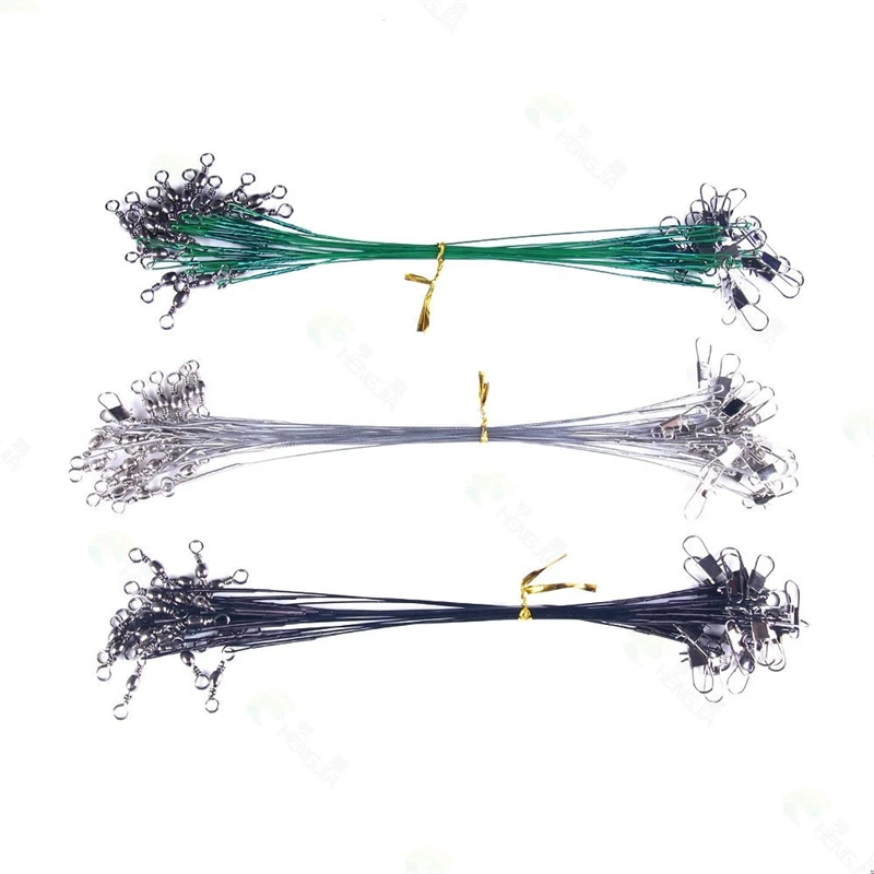 20PCS Anti Bite Steel Wire Leader 15cm 20cm 25cm Coated Fishing Leader with Swivel Snap, Black/Green/Silver, Fishing Accessories