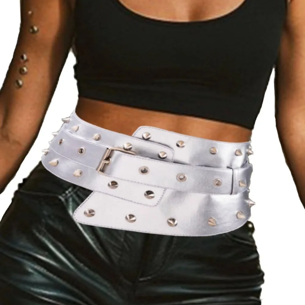 

Серебряные широкие ремни, готические деловые ремни, серебряные ремни с шипами в стиле панк, модный пояс с заклепками для женщин, черный