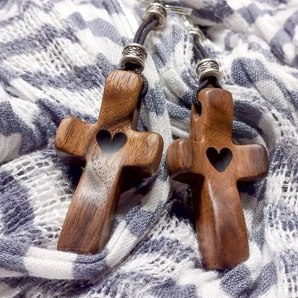 Walnut Handmade Crucifix Keychain with Silver Ring Adjustable Crosses Kering Loveheart Wooden Crucifix Pendant Chain Pray