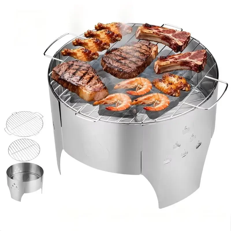 14 Inch Portable Stainless Steel Charcoal Grill Outdoor Korean BBQ Tea Smoker Assembled Compact Barbecue Grill for Camping