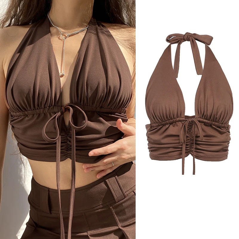 Soutien-gorge en fibre mince sans couture pour femmes, sous-vêtements, court, précieux, creux, Y-Y2K, club, fête, été, Y-Sexy, marron, 2023