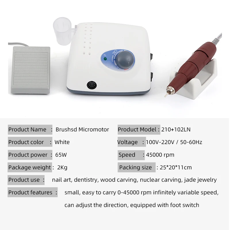 Trapano elettrico per lima per unghie da 45000 giri/min Kit per unghie domestico Kit professionale per riparazione piedi Manipolo 210 + 102LN