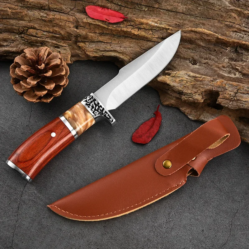 New resin mahogany handle outdoor jungle straight knife,  EDC portable multifunctional knife