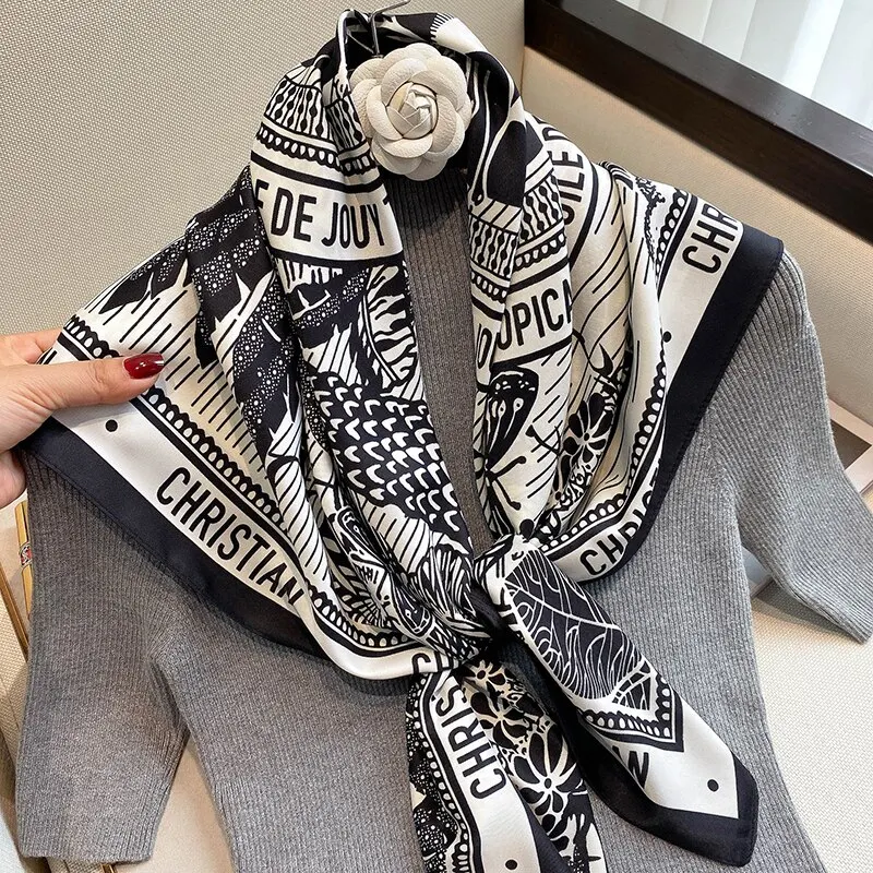 90cm raso di seta Hijab scialle avvolge Luxury Brand Designer Square Bandana Head Foulard scialle avvolge capelli protezione solare stole da spiaggia