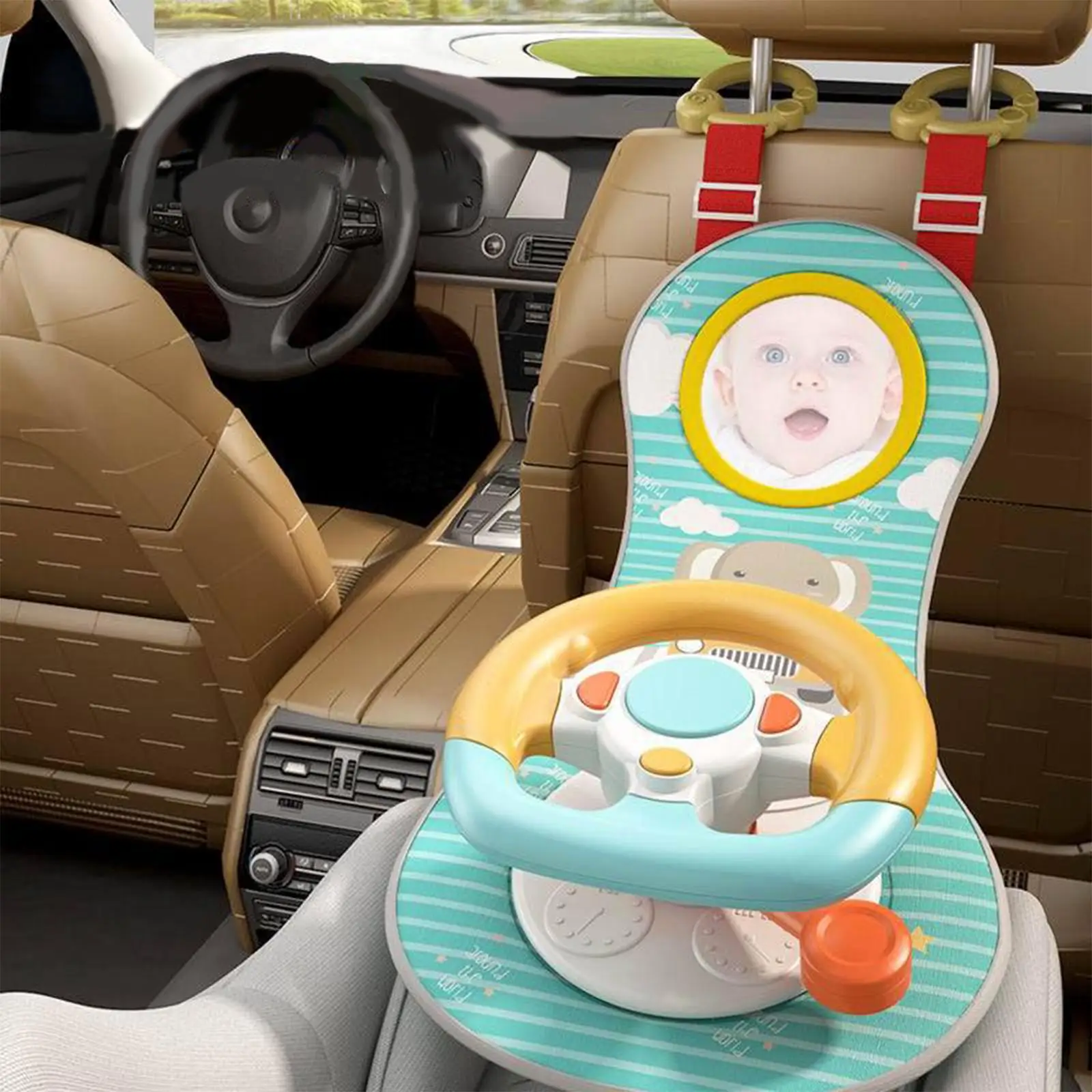 Steering Wheel Toy, Adjustable Belt Interactive Games with Mirror Simulation Driving for Car Backseat Infant