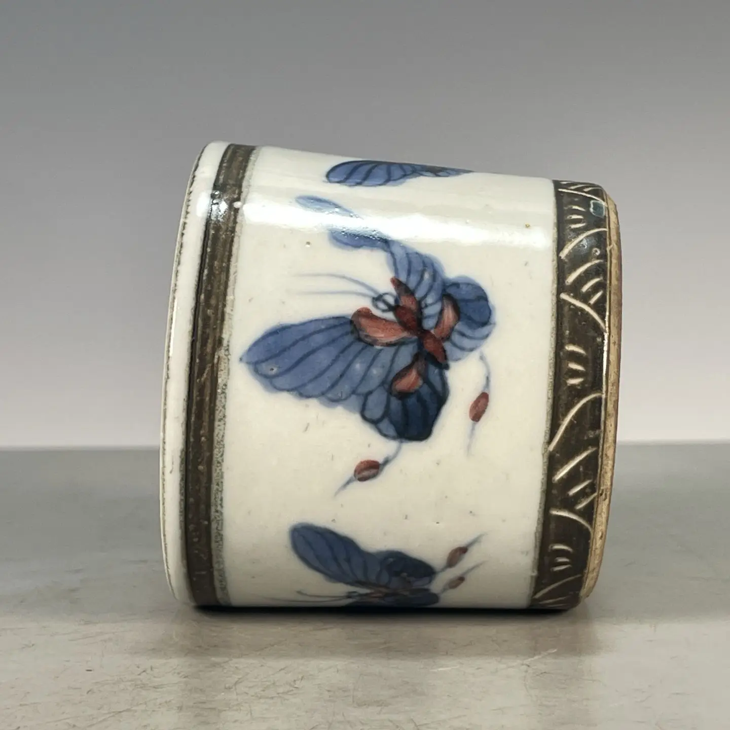Chinese Wenwan Porcelain Set, Hand Painted Hundred Butterflies Pattern Censer & Brush Pot, Rust Iron Rim Vintage Decor Ornament
