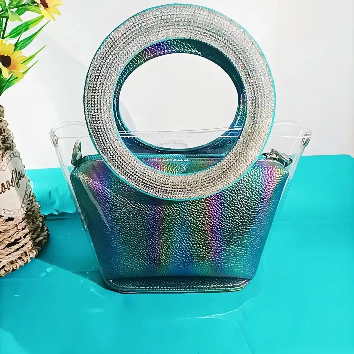 Pvc Transparent Composite Bag Luxury Rhinestone Round Hand-held Bing Women's Wedding Business Party Handbag