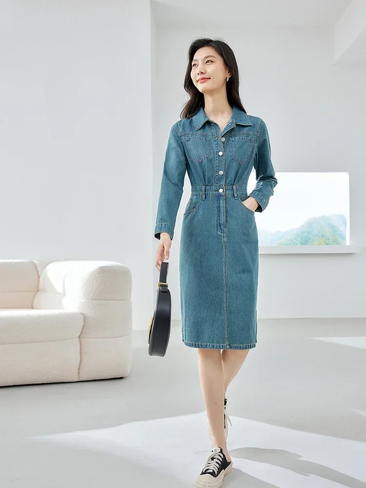 Vimly Vintage Blue Cotton Denim Dress Women 2023 Autumn New in Lapel Long Sleeve Waisted Split Shirt Dresses Clothing 72020