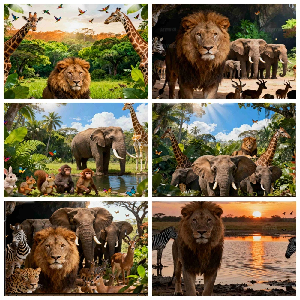 

African Safari Wildlife Photography Backdrop Big Five Sunset Scene with Lion Elephant Giraffe Photo Studio Shooting Background