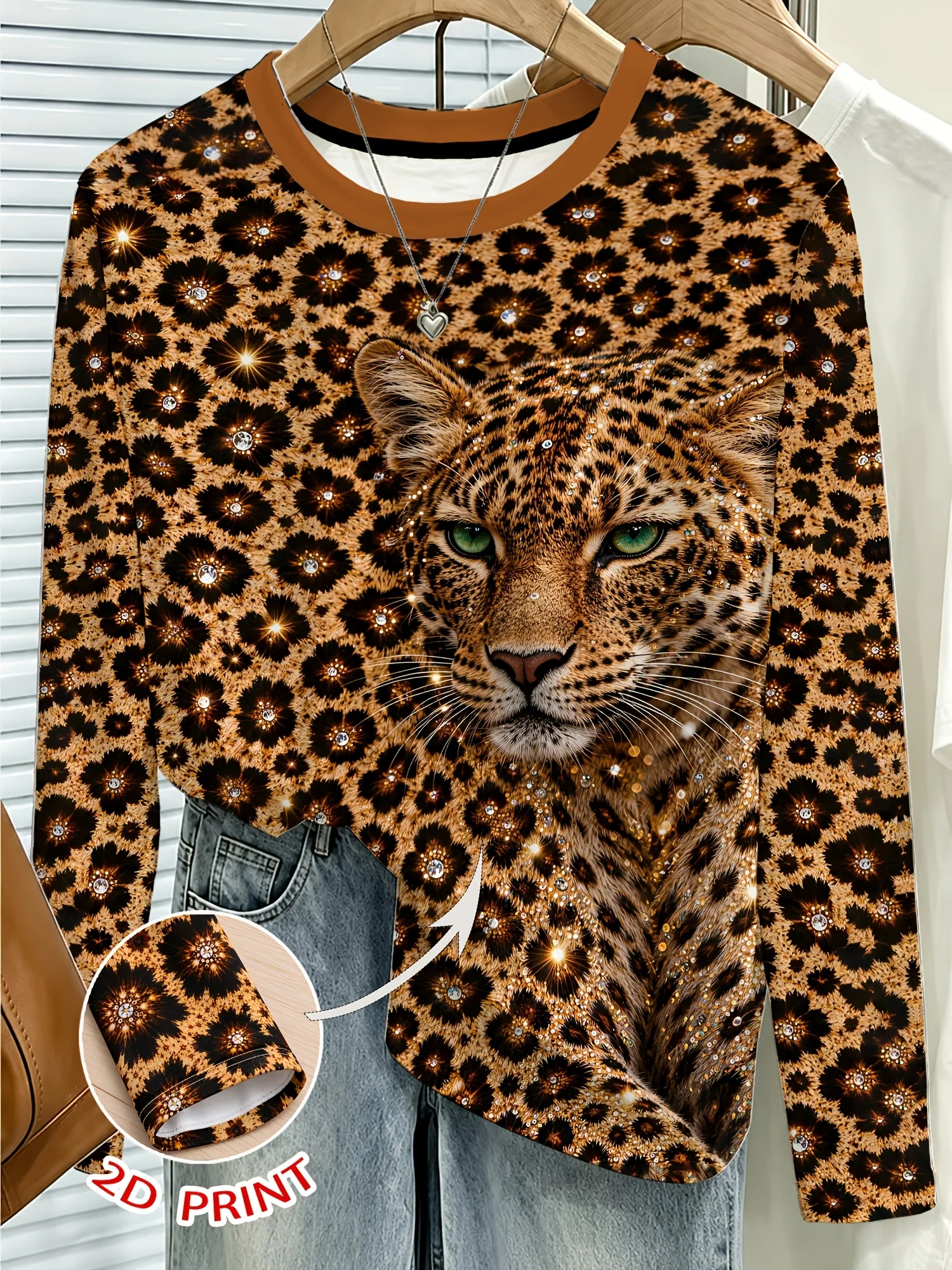 Women's Long Sleeve T-Shirt, Leopard Face And Sparkling Floral Pattern 2D Print, All-Winter Holiday Style Top Suitable For Leisure And Sports Scenarios