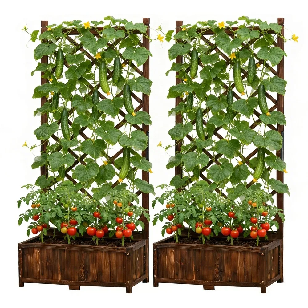 Raised Garden Bed with Trellis Wooden Flower Standing Planter Box Set of 2 Outdoor Wood Lattice Panels Privacy Screen