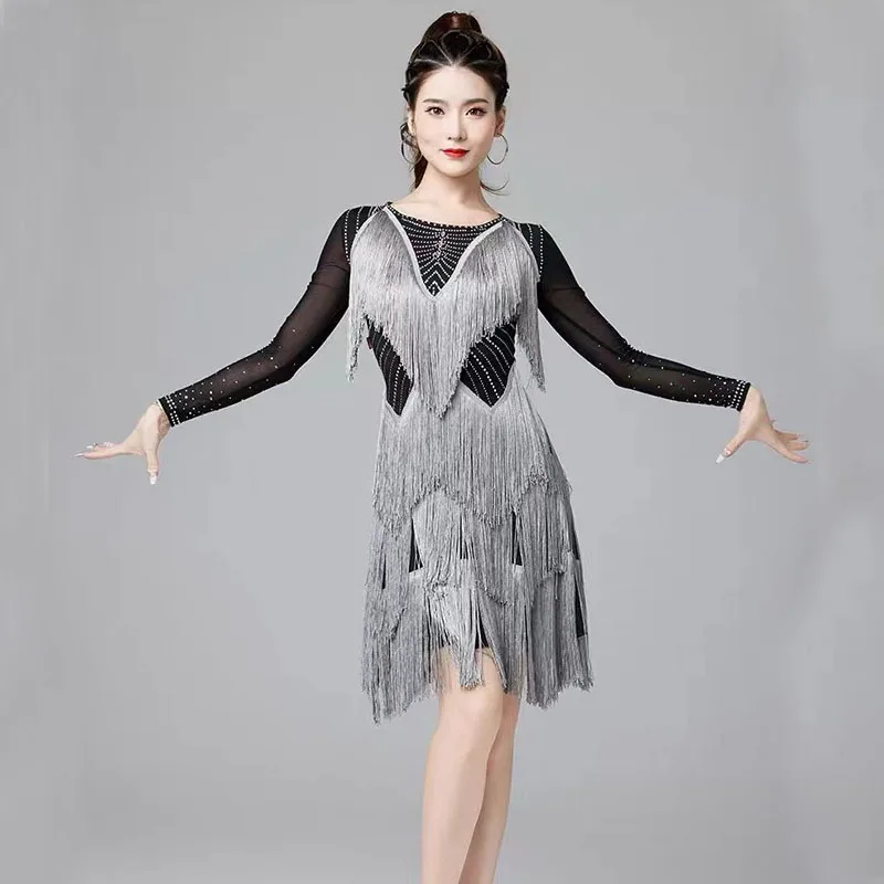 

Latin Dance Dresses Salsa Sling Stretchy Dress Long Sleeves Fringes Women 1920s Cocktail Evening Prom Party Dress