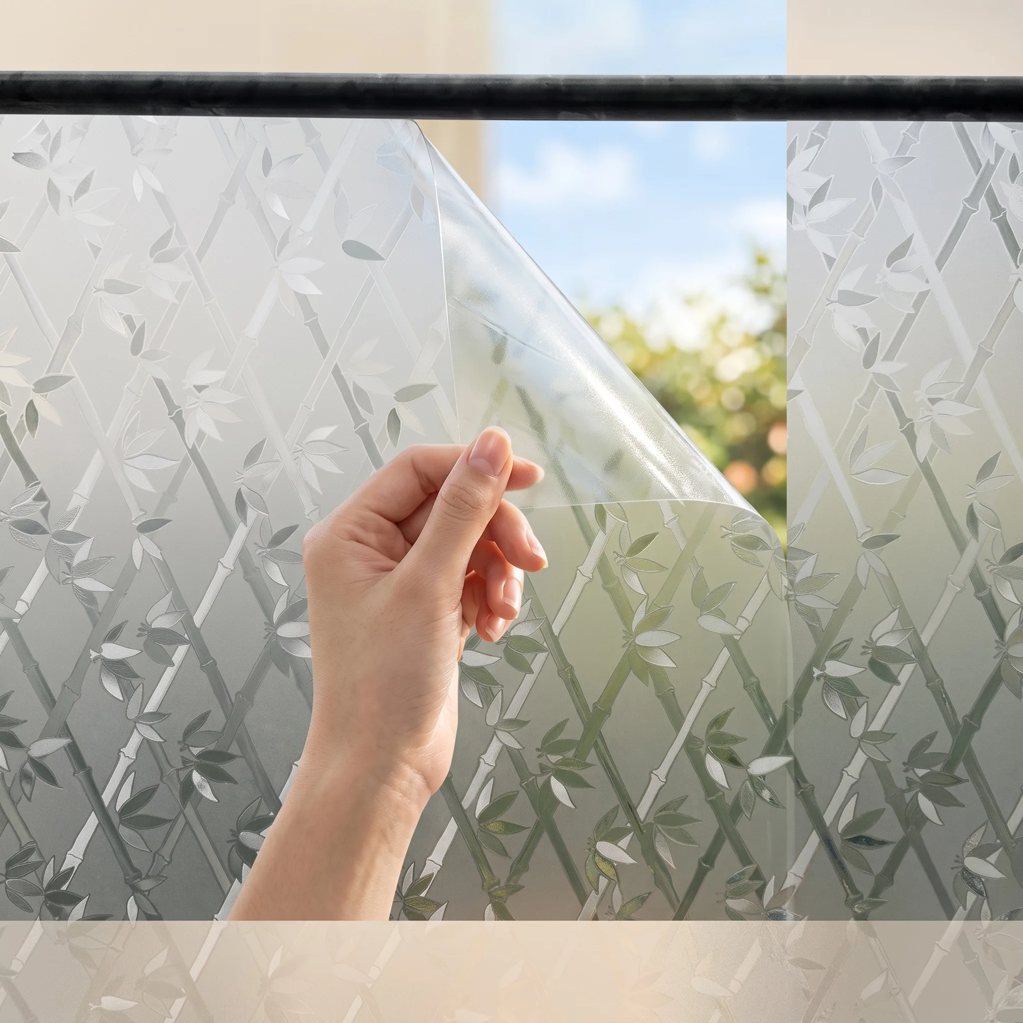 Oriental Bamboo Static Cling Window Film No Glue Frosted Privacy Glass Film, Zen Leaf Decor for Bathroom Study Office DIY Roll