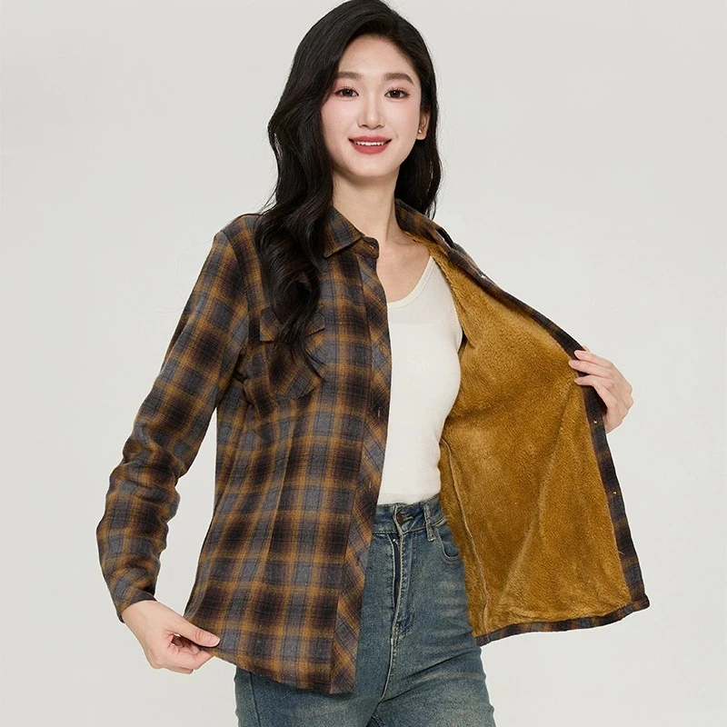 Vintage marrom feminino camisas xadrez moda coreana fino temperamento senhora do escritório camisa jaqueta outono inverno grosso velo outwear topo