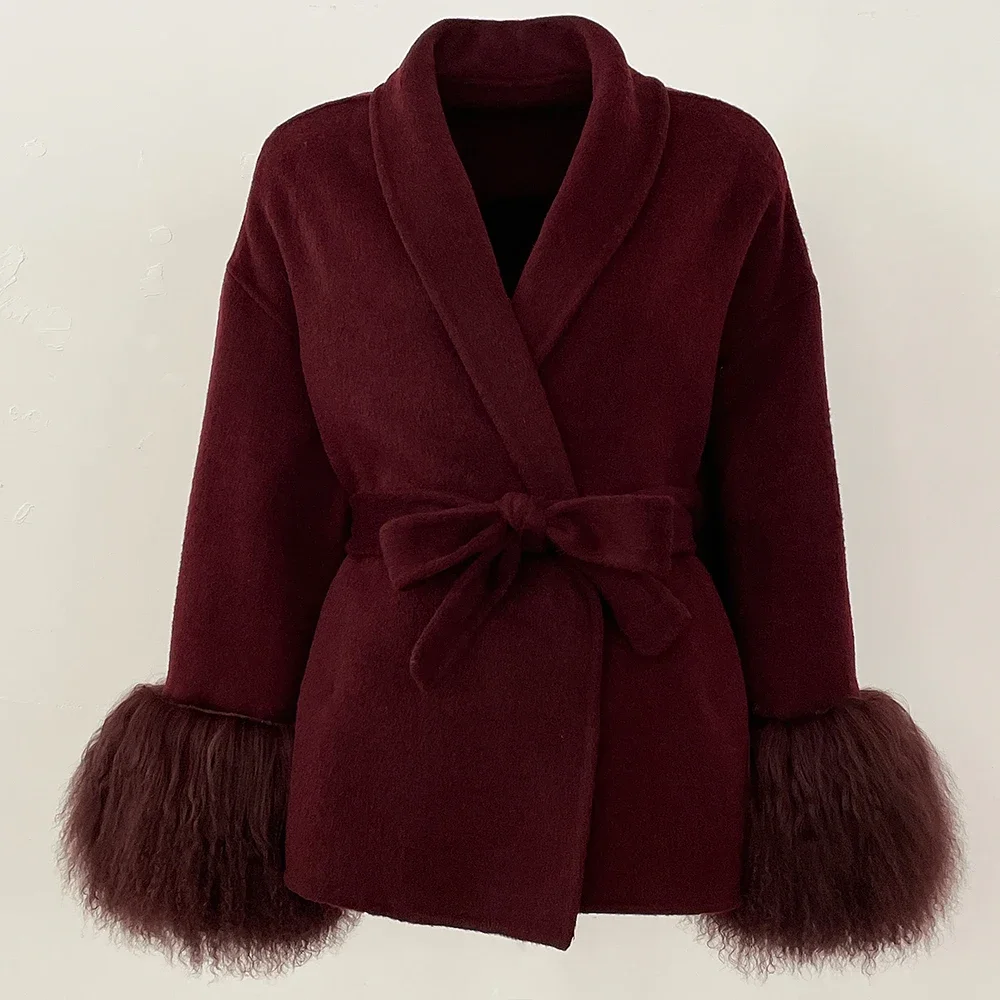 معطف 2025 معطف صوف من فرو الثعلب معطف صوفي مرقع جميل من الفرو المنغولي للنساء سترة صوف للخريف والشتاء معطف بارد للنساء