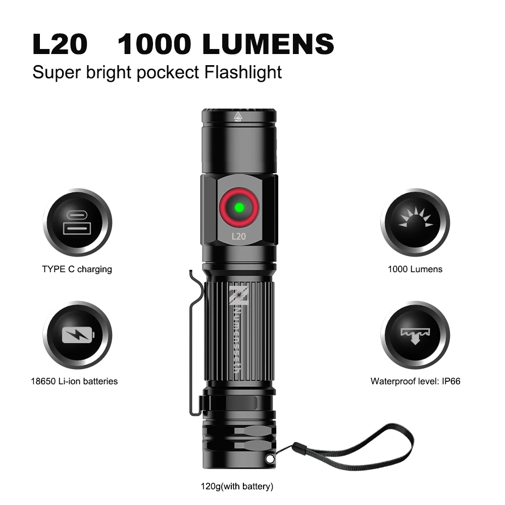 Numensseth L20 outdoor long Beam flashlight 1000 LUMENS  bright Extra-long battery life  Pocket Flashlight for Camping, Hiking