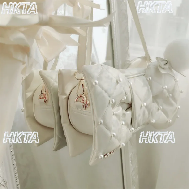 Japanese Fashion Pearl Bow Rhombus Bead Versatile Messenger Bag Summer Sweet Commuter Dating Lolita Backpacks Small Bags Women
