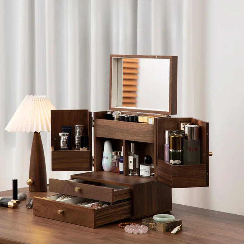 wooden large-capacity cosmetic storage with mirror makeup dust-proof dressing skin care products jewelry box