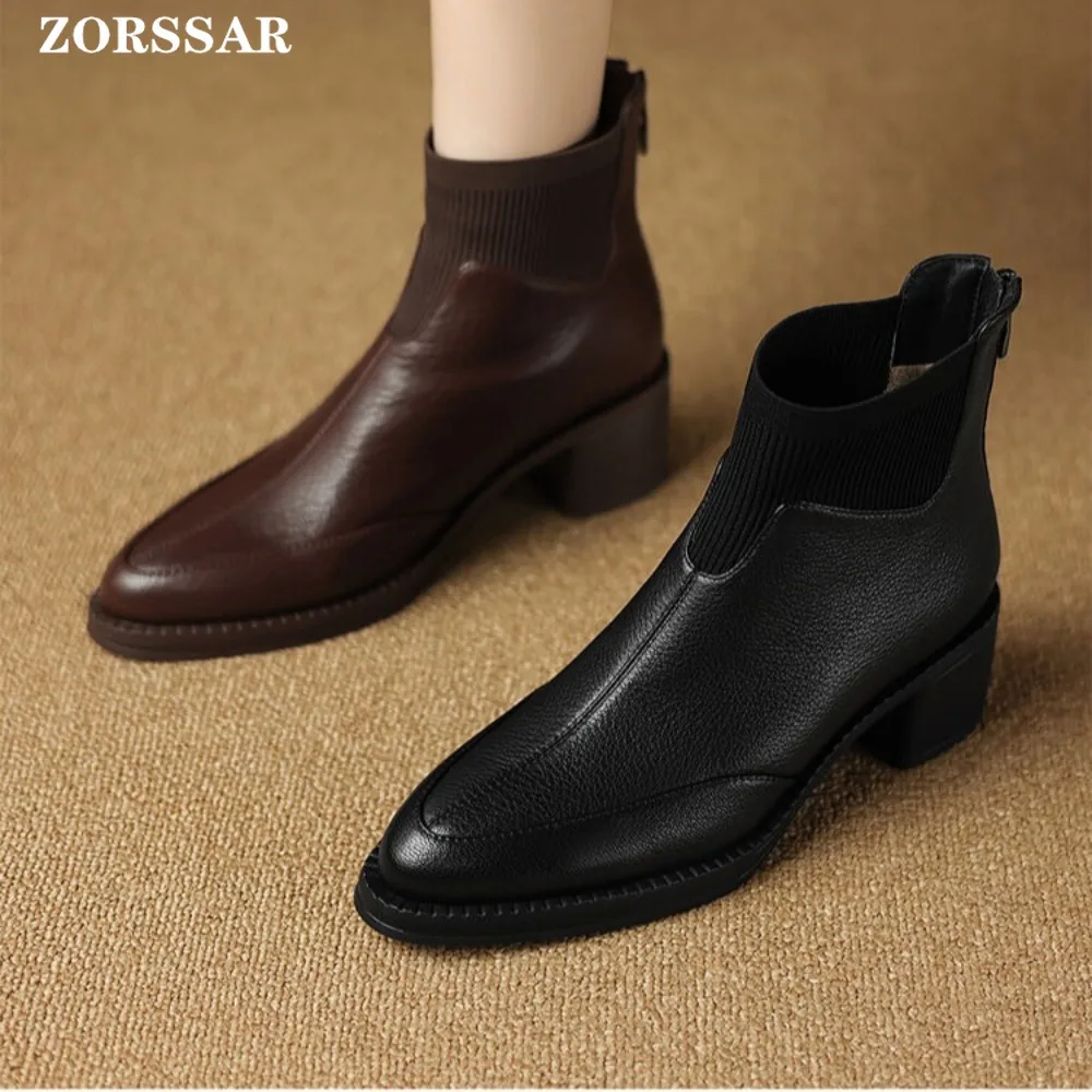 Ankle Boots Women Chunky Mid Heels Cowhide Shoe Woman Pointed Toe 2025 Trend Winter New Goth Walking Snow Chelsea Botas De Mujer