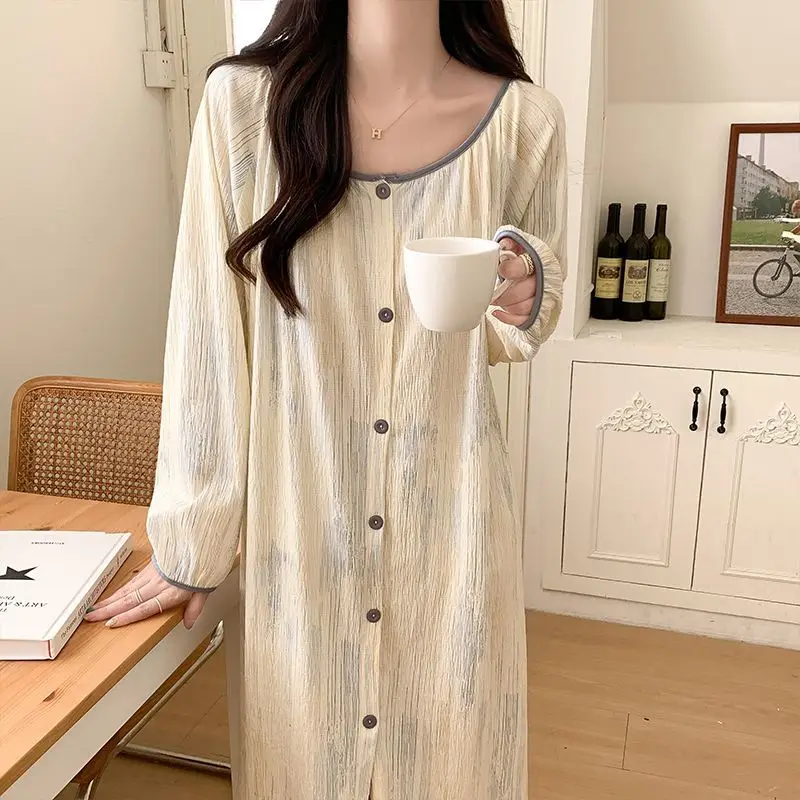 Tie Dye Women Nightgown Button Sleepwear O-neck Nightwear Korean Fashion Night Dress Long Sleeve Autumn One Piece Pajamas New