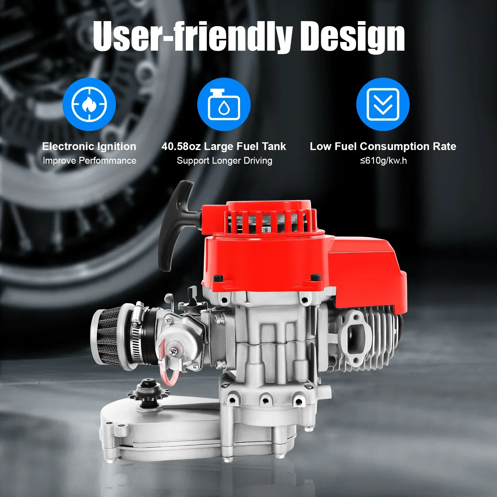

49cc 2-Stroke Single Cylinder Engine - 25:1 Gas-oil Mix Rate Motor - 14T Sprocket Mini Racing Engine for Pocket Bike/ATV/Scooter