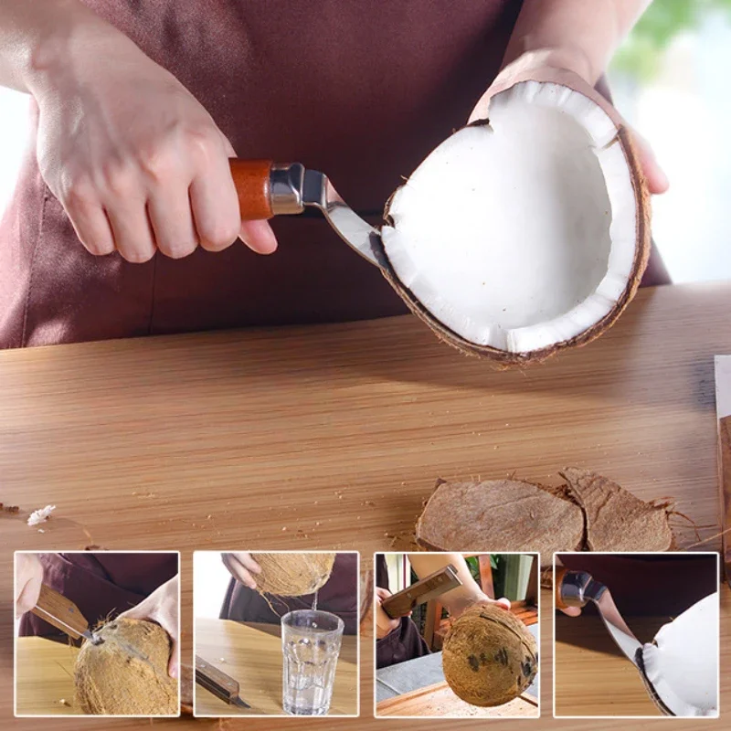 الفولاذ المقاوم للصدأ جوز الهند فتاحة سكين أدوات المطبخ المنزلية متعددة الوظائف مقبض خشبي مقشرة الفاكهة سكين جوز الهند الإبداعية