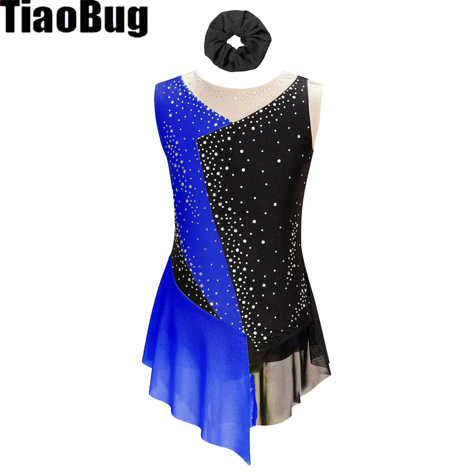

Kids Girls Ballet Dance Outfit Sparkly Rhinestone Color Block Leotard with Hair Band for Figure Skating Dancing