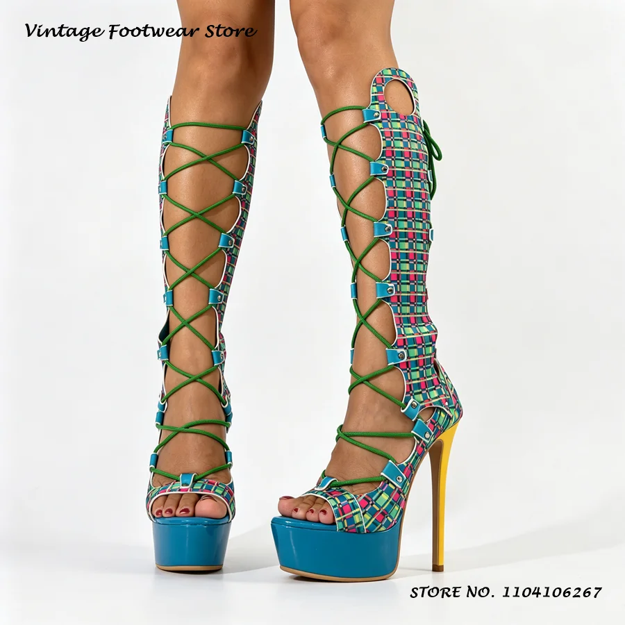 Gladiator Colorful Platform Sandals Fashion Round Open Toe Thin Heels Party Shoes Women's Summer Cross-tied Knee-high Stilettos