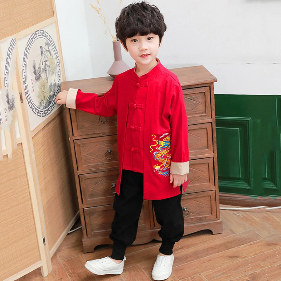 2023NEW cinese tradizionale Hanfu per bambini ragazzi manica lunga drago ricamo capodanno Tang vestito natale autunno cotone rosso