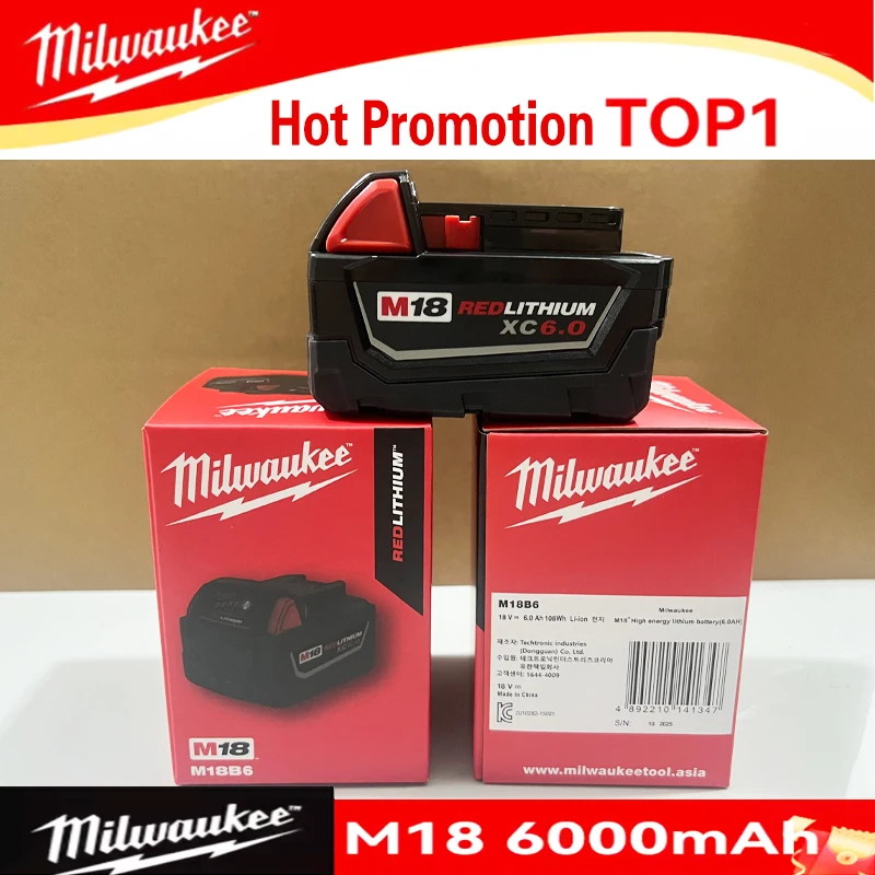 6.0Ah Original for Milwaukee M18 Power Tool Battery, Charger, BR, XC, 18V, 6000mAh M18B5, 48-11-1860, Built-in Battery