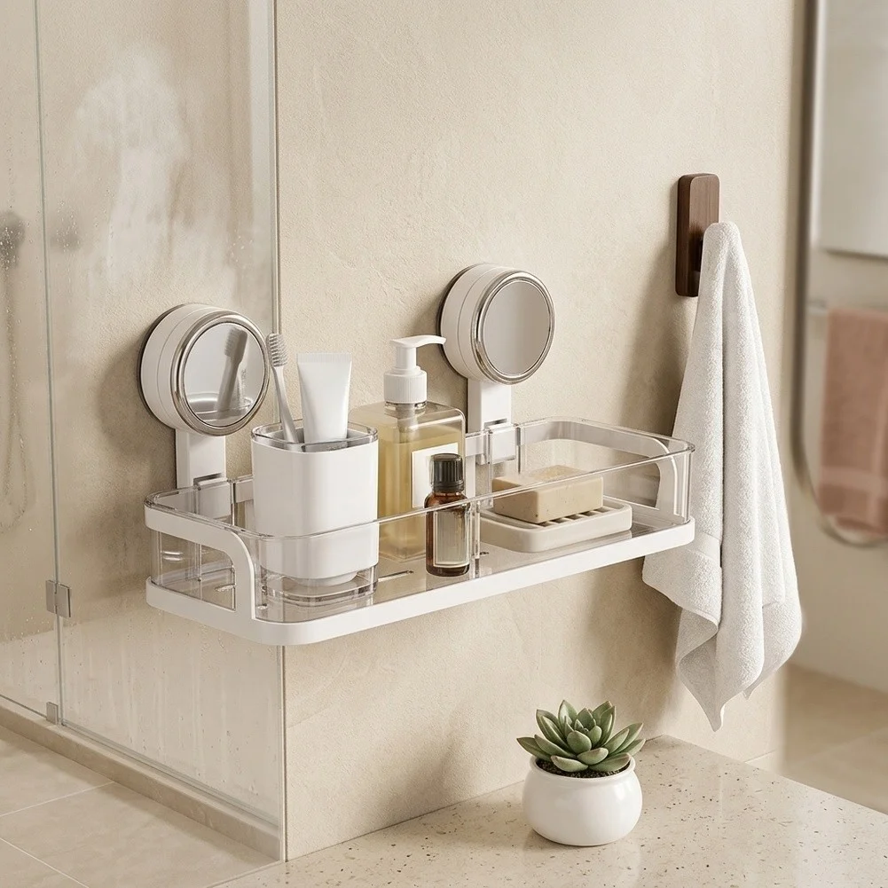 Easy Install Wall Mounted Shower Shelf Strong Suction Cup Design Supports 10KG Rustproof PET ABS Construction 30x10.7x4.8cm
