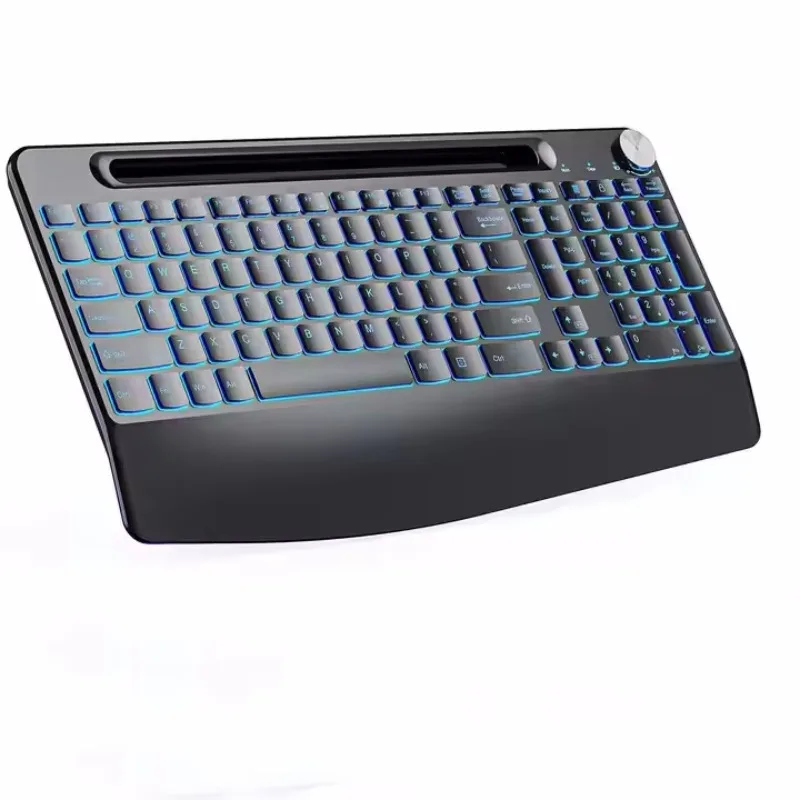 

Full size wireless backlit keyboard rechargeable built-in mobile phone holder keyboard with wrist rest