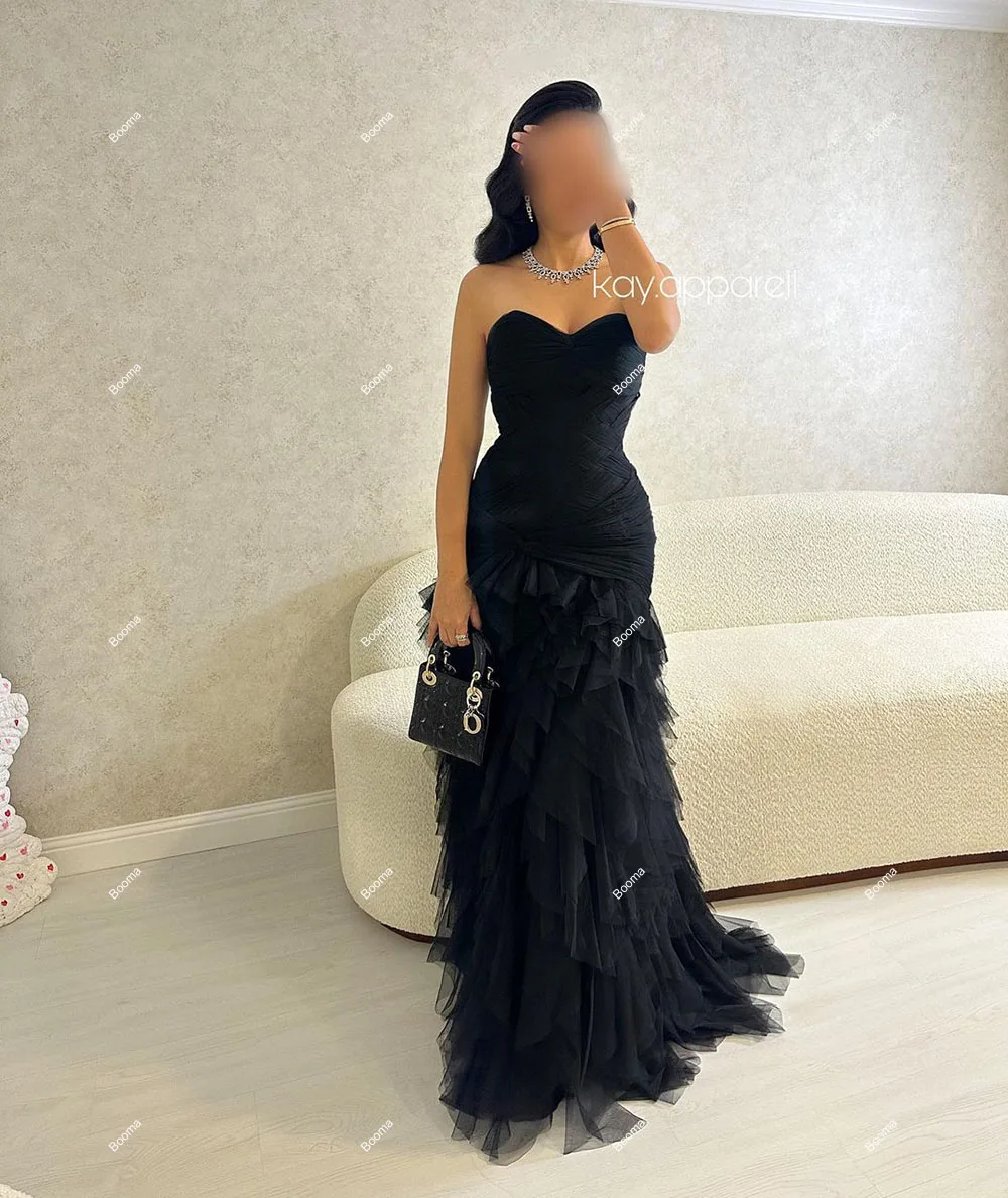 Booma Black Mermaid Prom Dresses Sweetheart Sleeveless Tiered Tulle Evening Dresses for Women Saudi Formal Party Gown Customized