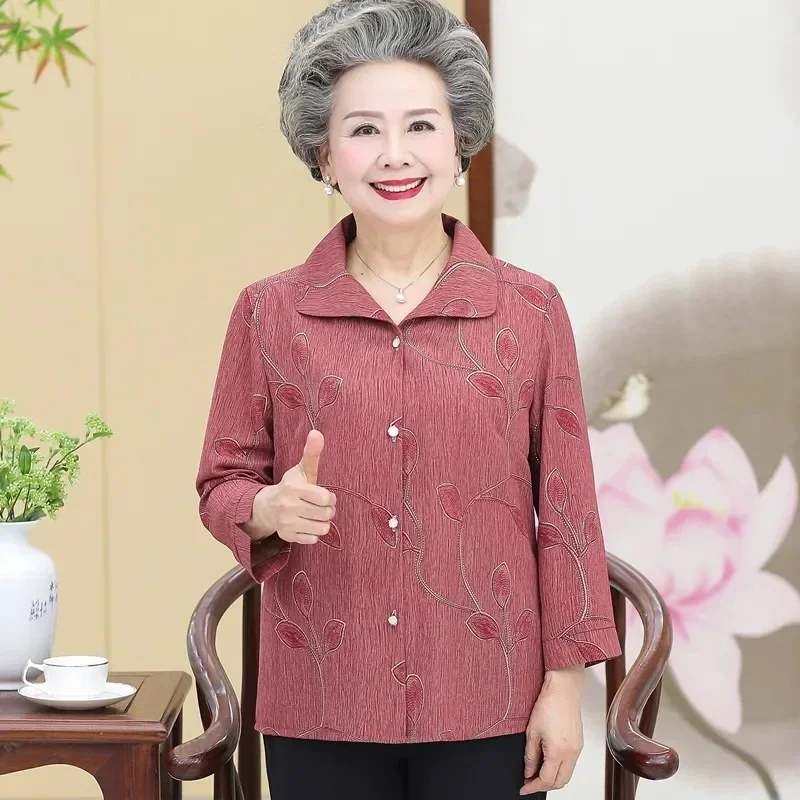 5XL Elderly People Cardigan Blouse Coat 2024 New Spring Summer 3/4 Sleeve Grandmother Shirt Middle Age Women Top And Pant Sets