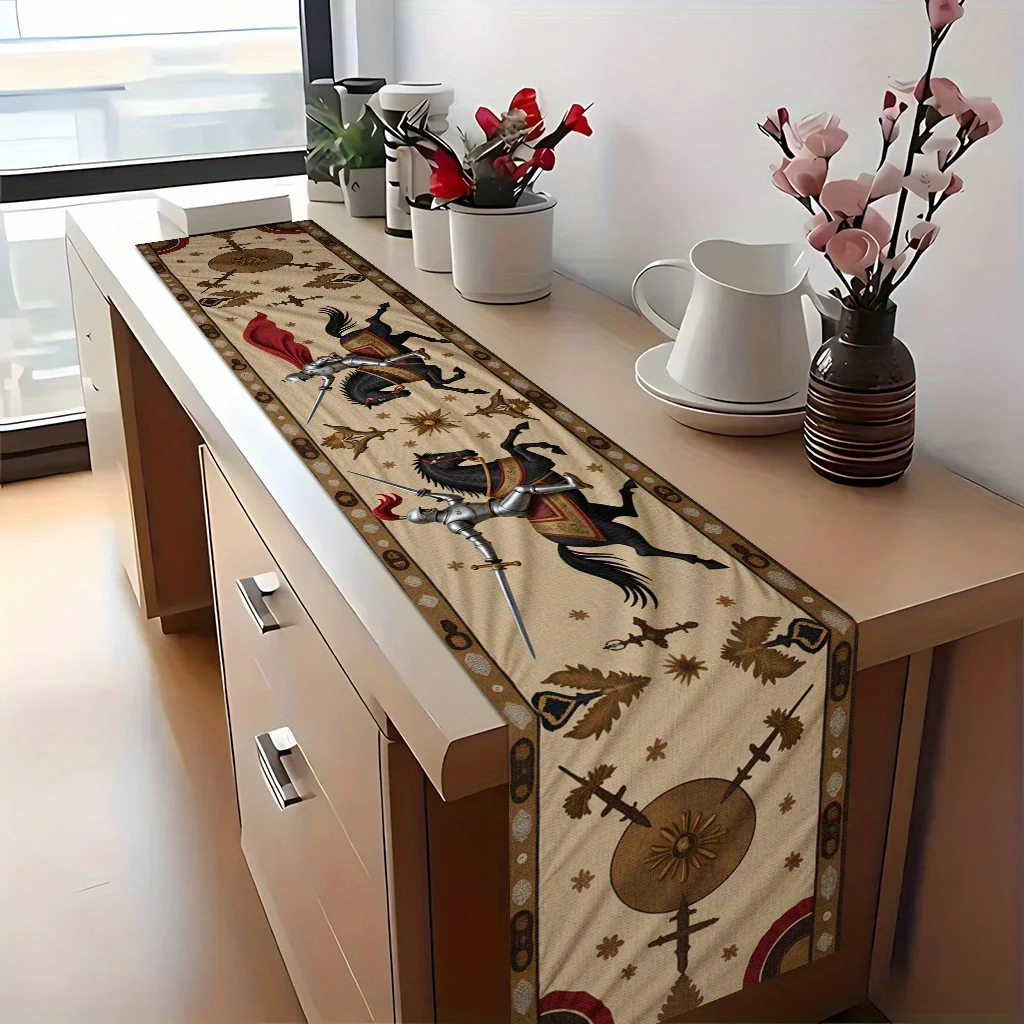Knight Jousting Duel Table Runner - Rectangular Table Cover for Winter Holiday Home Decor, Kitchen Dining & Coffee Parties